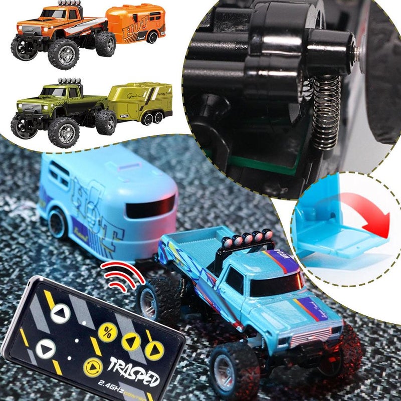شاحنة وحش RC ميني، شاحنة وحش ميني 1:64 من سبائك الألمنيوم، شاحنات RC شبه مع مقطورة وتحكم عن بعد، سيارات RC لجميع التضاريس بسرعة 20 كم/س مع إضاءة LED هدايا عيد الميلاد ورأس السنة الجديدة للأطفال من 3 سنوات فما فوق (رمادي) - Image 4